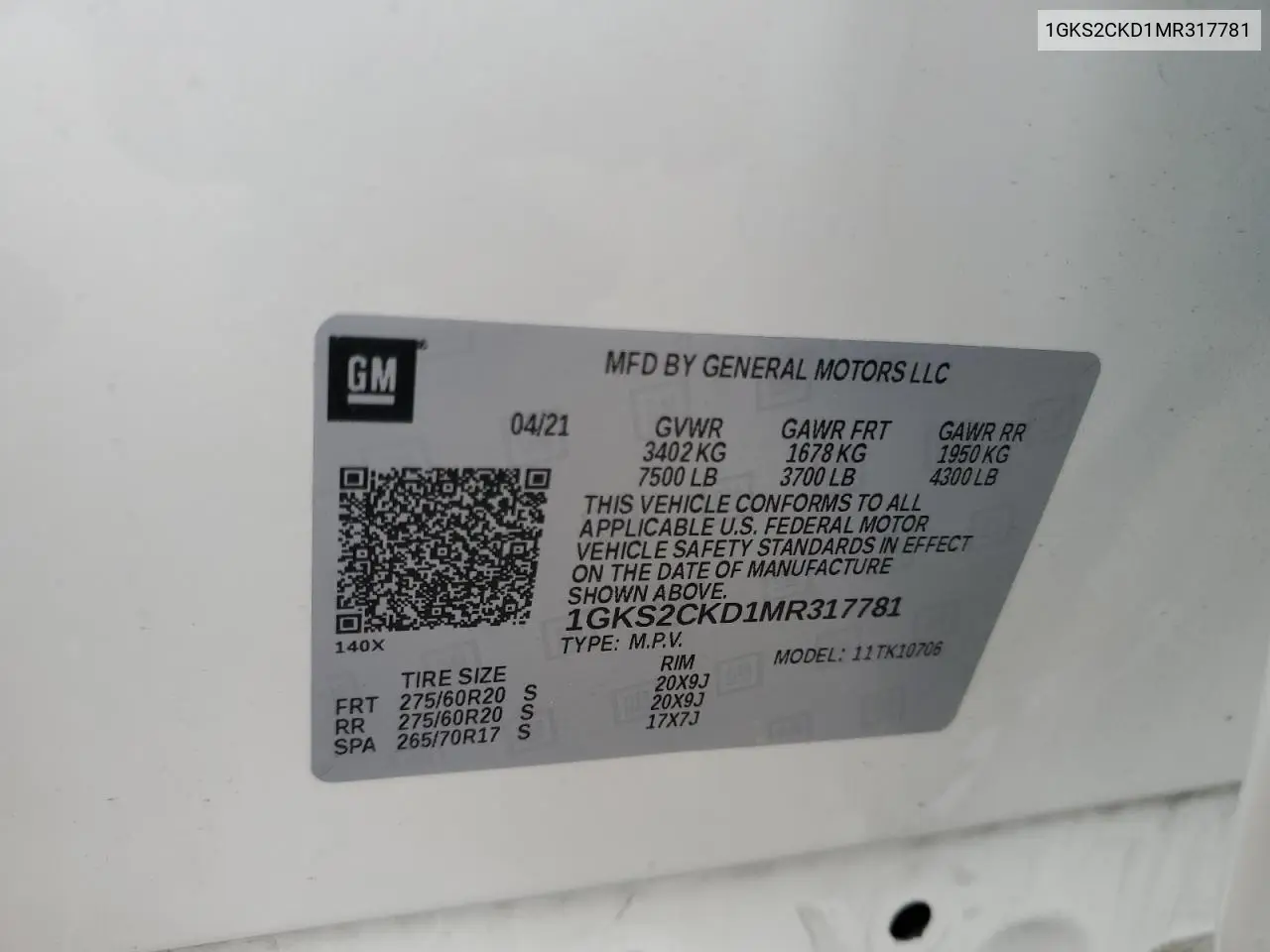 2021 GMC Yukon At4 VIN: 1GKS2CKD1MR317781 Lot: 62726815