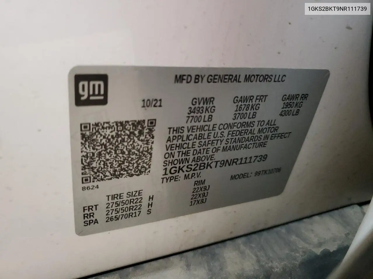2022 GMC Yukon Slt VIN: 1GKS2BKT9NR111739 Lot: 55143145