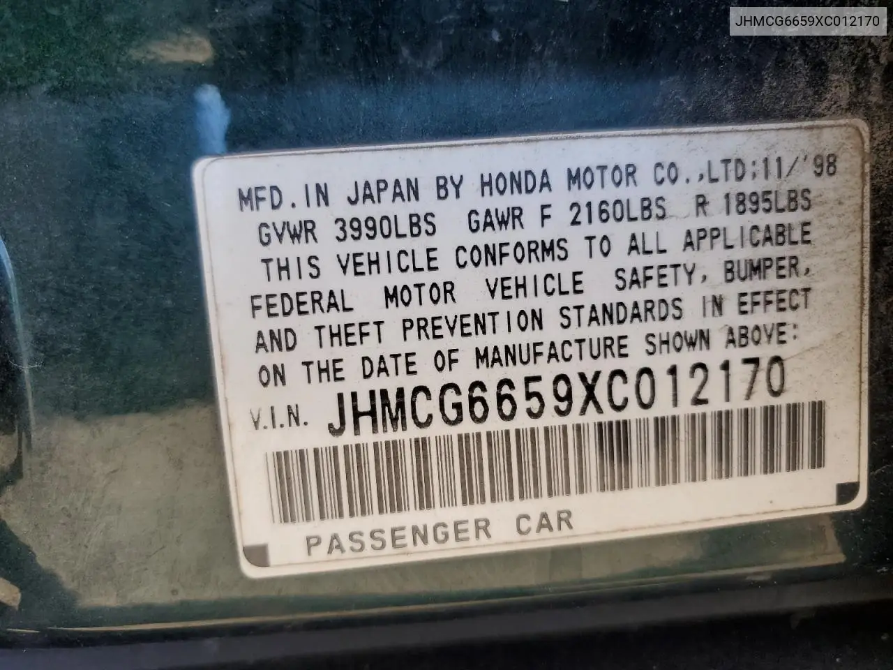 1999 Honda Accord Lx VIN: JHMCG6659XC012170 Lot: 62113235