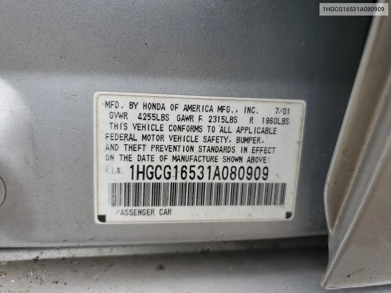 2001 Honda Accord Ex VIN: 1HGCG16531A080909 Lot: 62656695