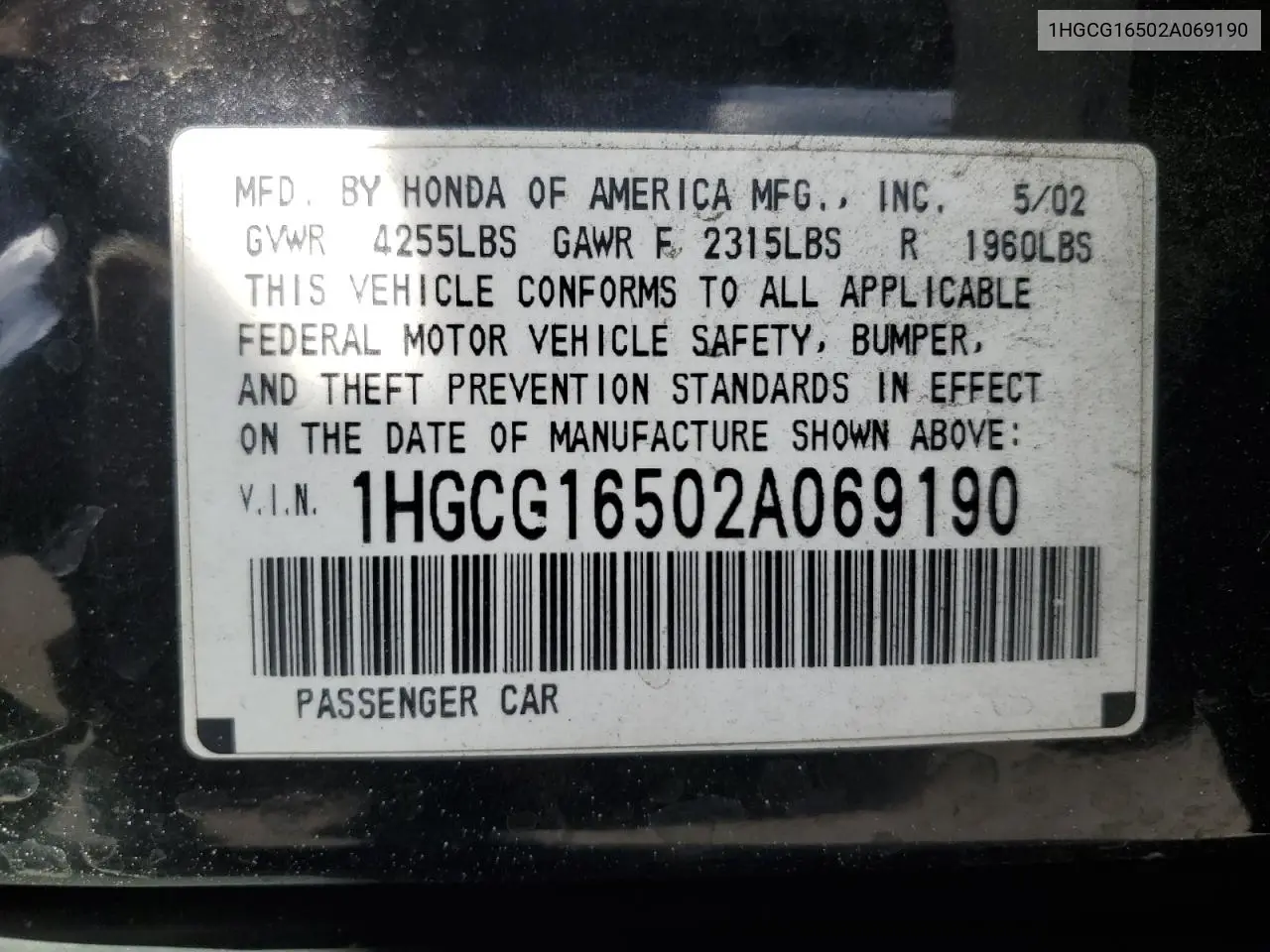 2002 Honda Accord Ex VIN: 1HGCG16502A069190 Lot: 62791655