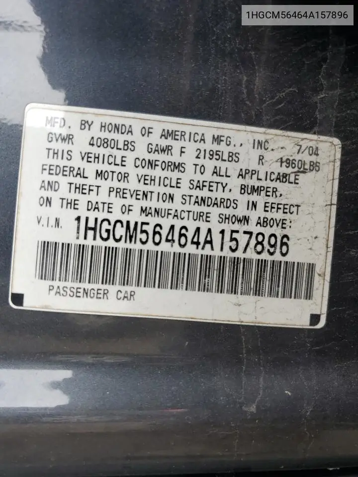 2004 Honda Accord Lx VIN: 1HGCM56464A157896 Lot: 62463545