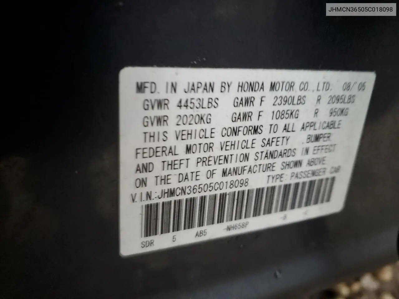 2005 Honda Accord Hybrid VIN: JHMCN36505C018098 Lot: 43337825