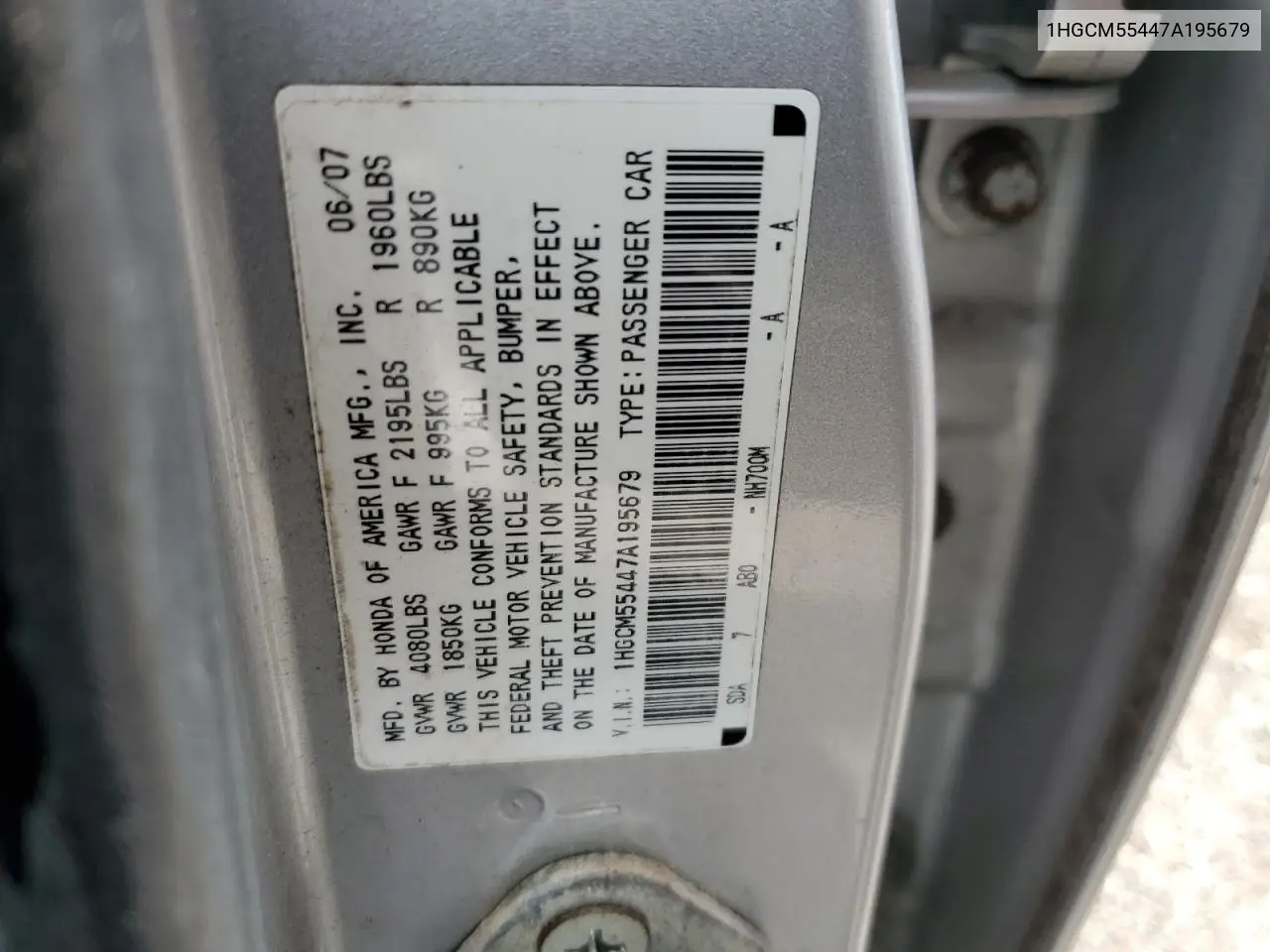 2007 Honda Accord Lx VIN: 1HGCM55447A195679 Lot: 54615035