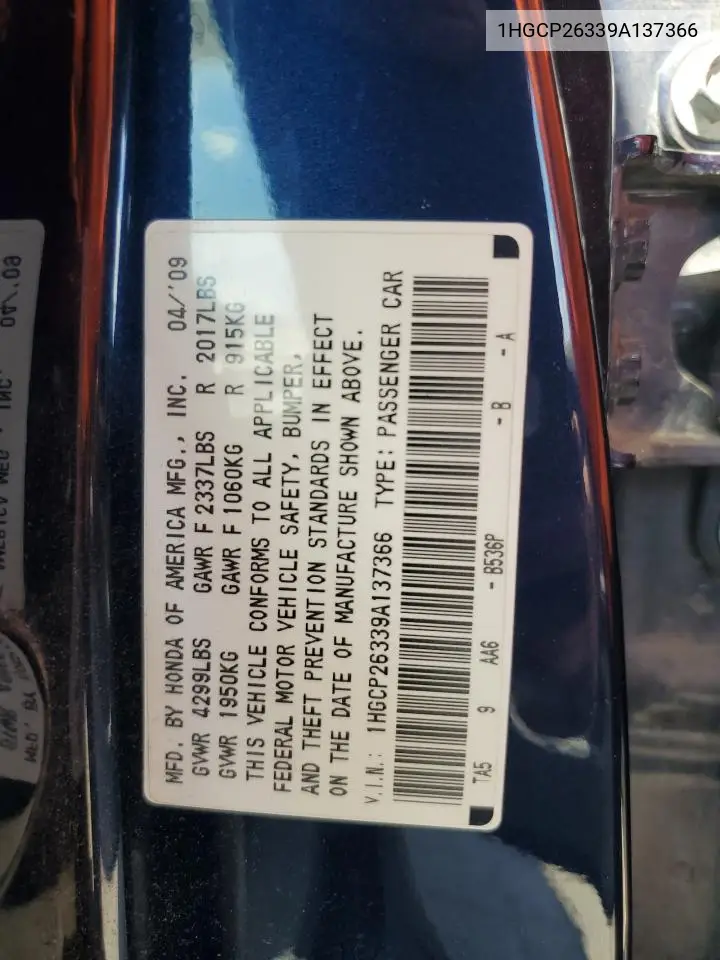 2009 Honda Accord Lx VIN: 1HGCP26339A137366 Lot: 57077485