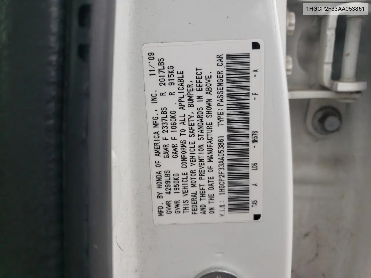 2010 Honda Accord Lx VIN: 1HGCP2F33AA053861 Lot: 62416465