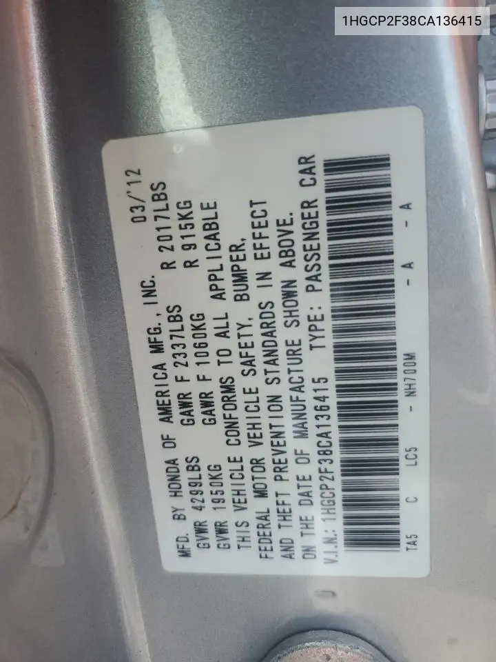 2012 Honda Accord Lx VIN: 1HGCP2F38CA136415 Lot: 57111115