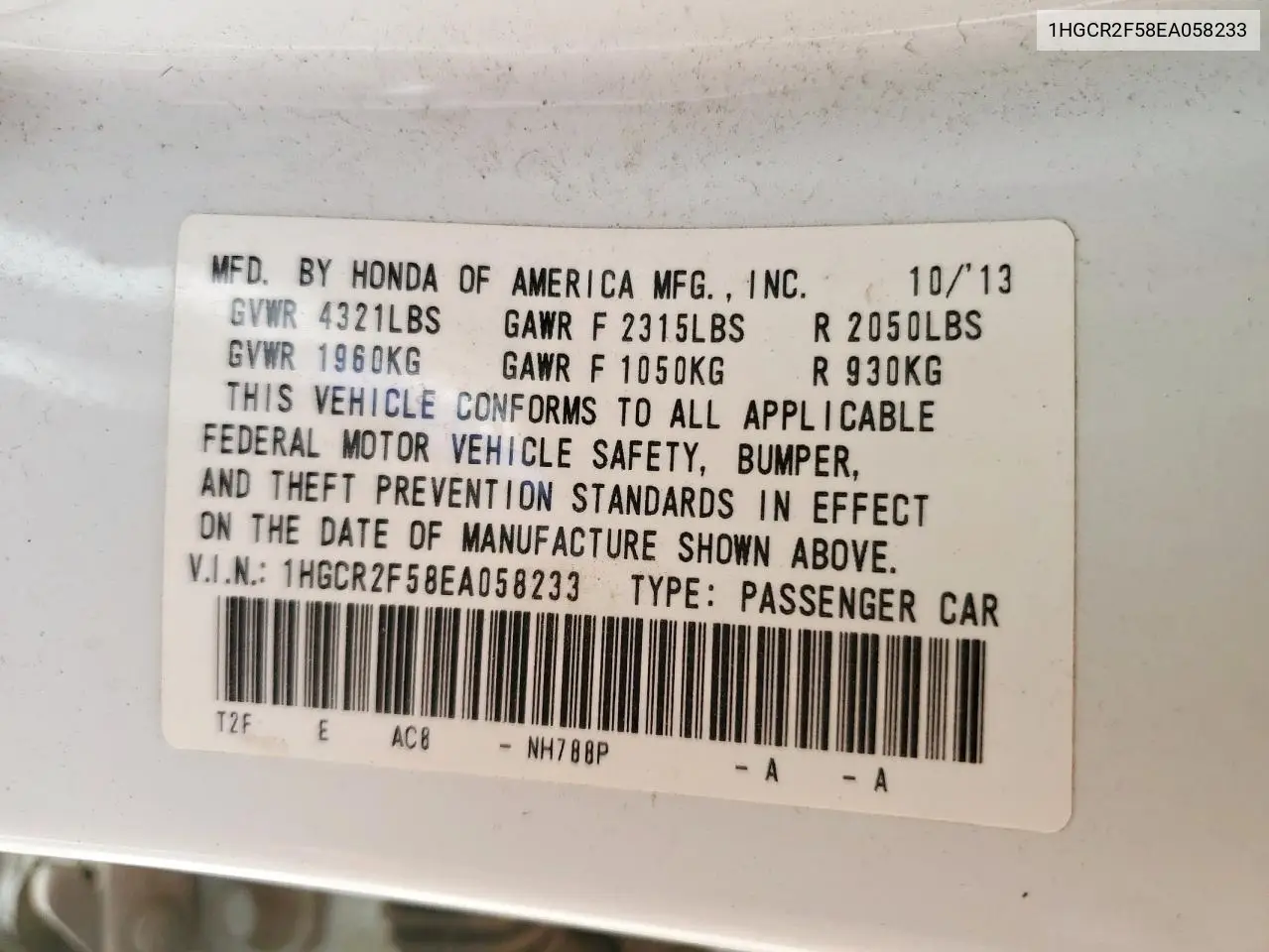 2014 Honda Accord Sport VIN: 1HGCR2F58EA058233 Lot: 57143215