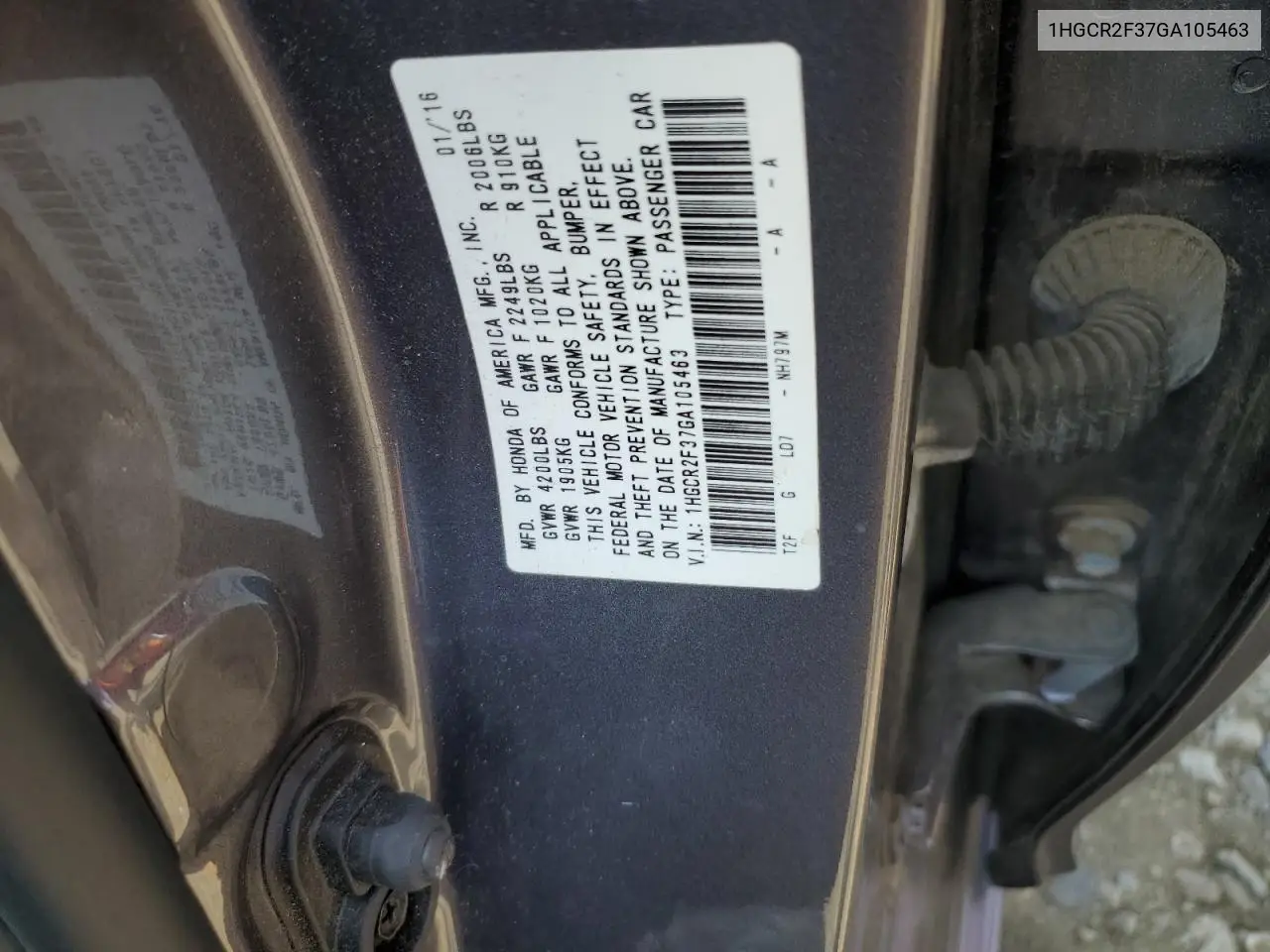 2016 Honda Accord Lx VIN: 1HGCR2F37GA105463 Lot: 63114825