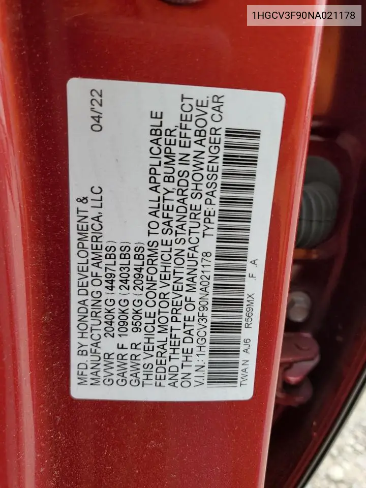 2022 Honda Accord Touring Hybrid VIN: 1HGCV3F90NA021178 Lot: 56506255