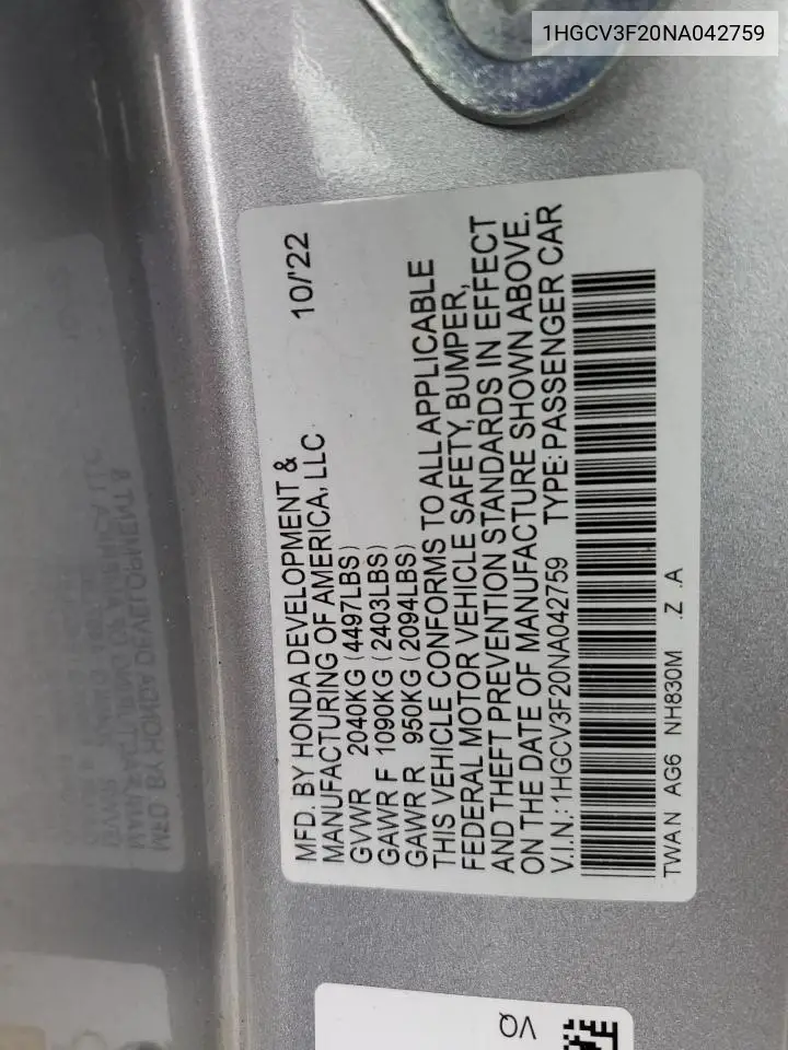 2022 Honda Accord Hybrid Sport VIN: 1HGCV3F20NA042759 Lot: 56998505