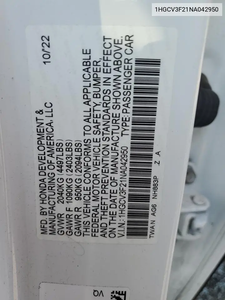 2022 Honda Accord Hybrid Sport VIN: 1HGCV3F21NA042950 Lot: 62036975