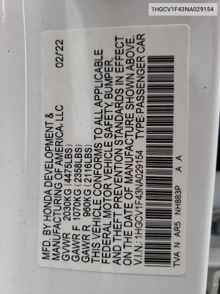 2022 Honda Accord Sport Se VIN: 1HGCV1F43NA029154 Lot: 62194765