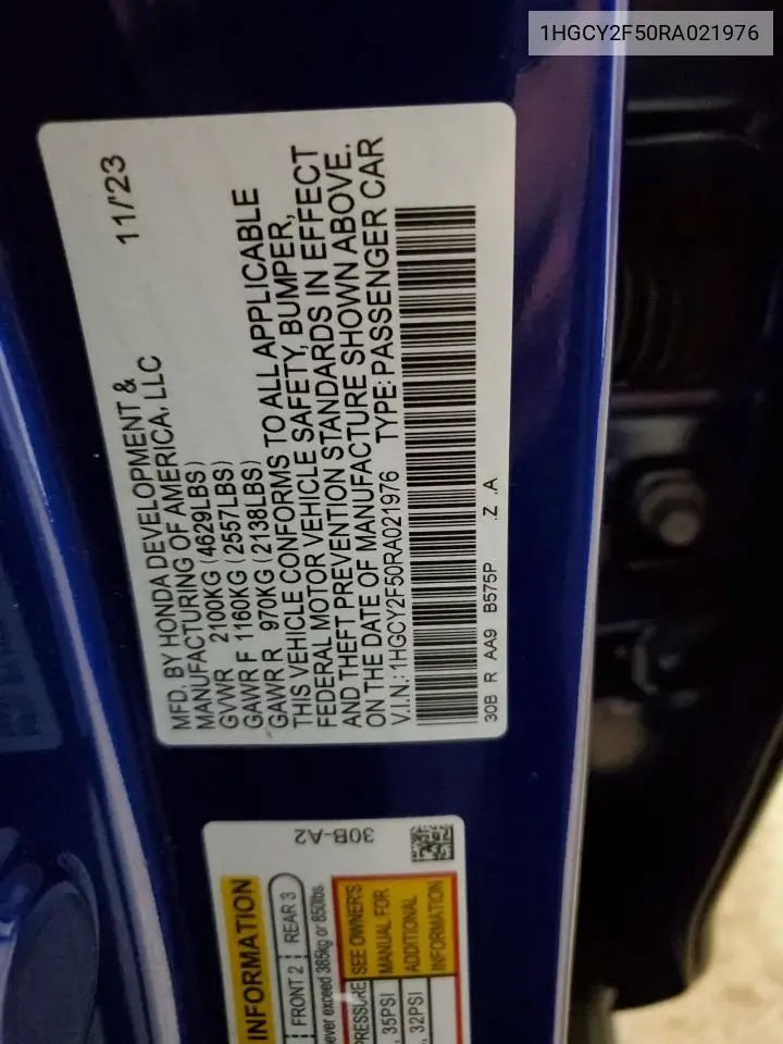 2024 Honda Accord Hybrid Sport VIN: 1HGCY2F50RA021976 Lot: 62908255