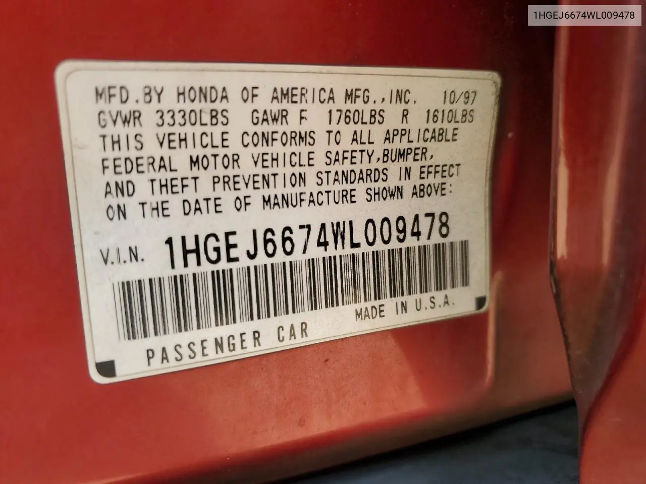 1998 Honda Civic Lx VIN: 1HGEJ6674WL009478 Lot: 61852055