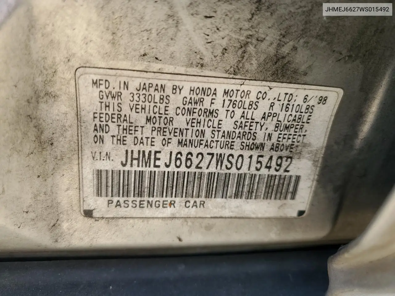 1998 Honda Civic Dx VIN: JHMEJ6627WS015492 Lot: 62774545