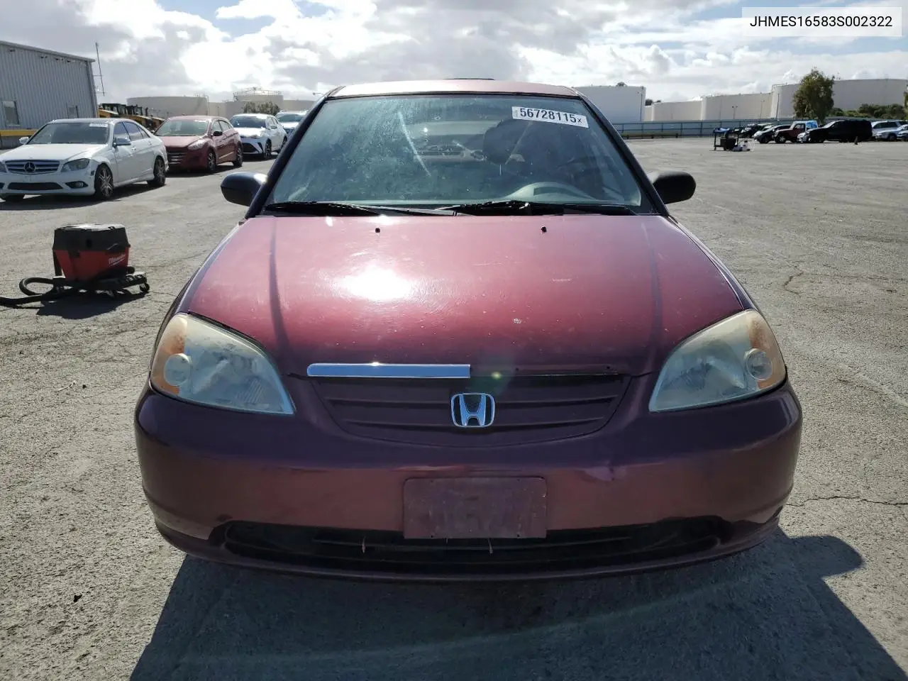 2003 Honda Civic Lx VIN: JHMES16583S002322 Lot: 56728115