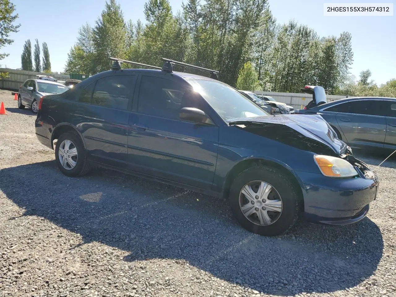 2003 Honda Civic Lx VIN: 2HGES155X3H574312 Lot: 63315205