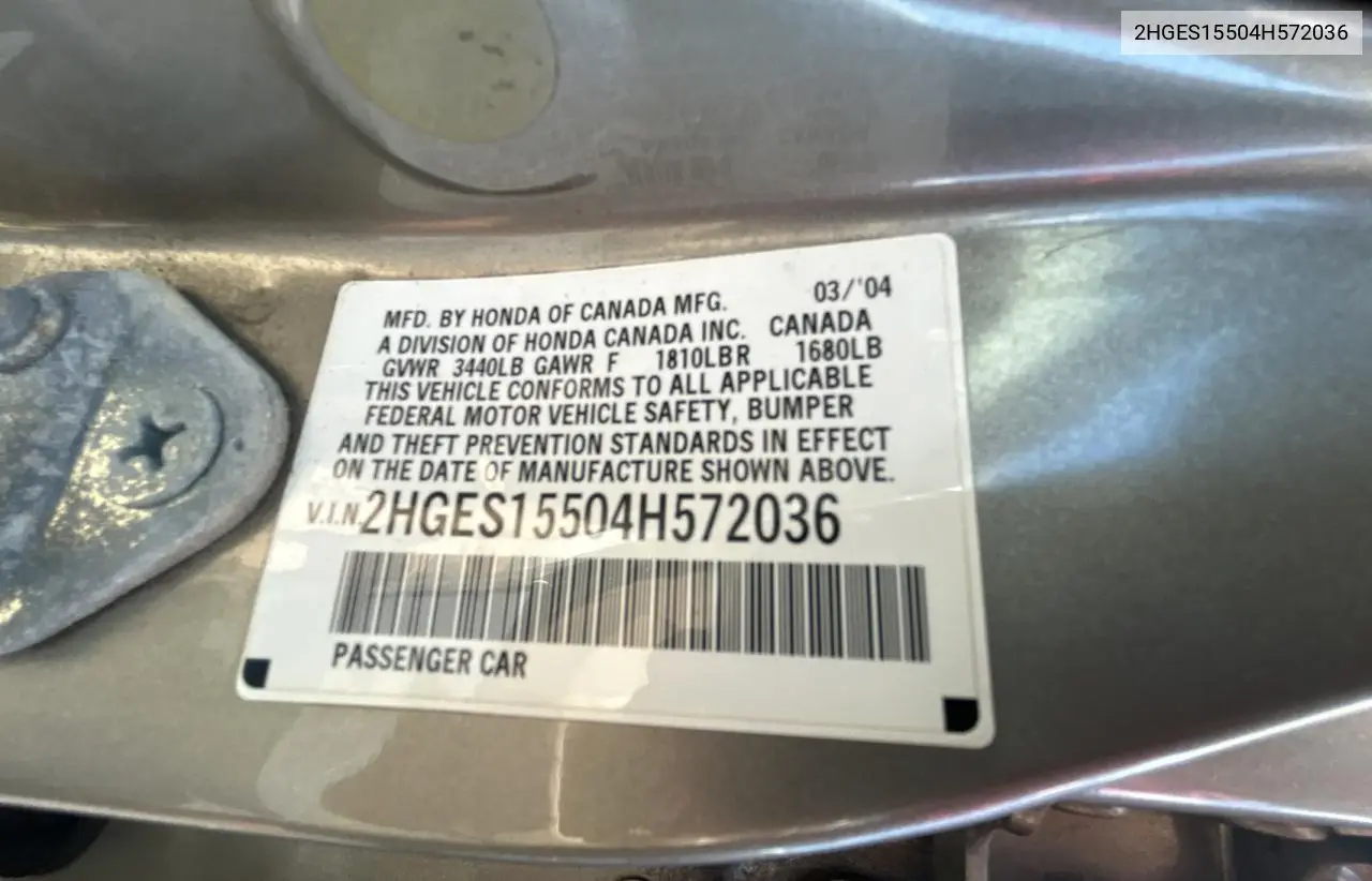 2004 Honda Civic Lx VIN: 2HGES15504H572036 Lot: 57294705
