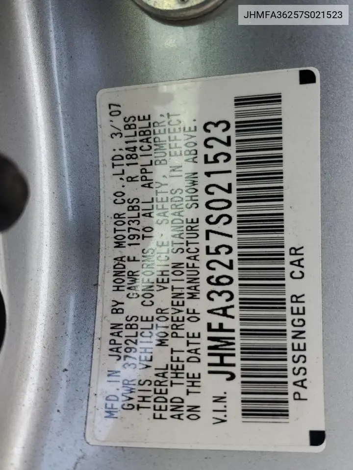2007 Honda Civic Hybrid VIN: JHMFA36257S021523 Lot: 53491165