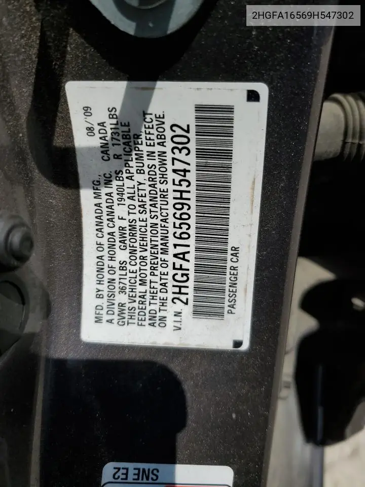 2009 Honda Civic Lx VIN: 2HGFA16569H547302 Lot: 56963465