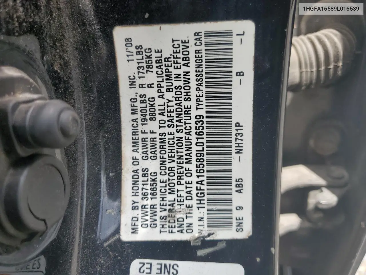 2009 Honda Civic Lx VIN: 1HGFA16589L016539 Lot: 63183775