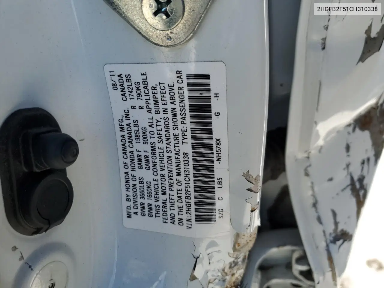2012 Honda Civic Lx VIN: 2HGFB2F51CH310338 Lot: 44718065