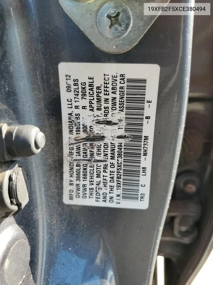2012 Honda Civic Lx VIN: 19XFB2F5XCE380494 Lot: 61990825