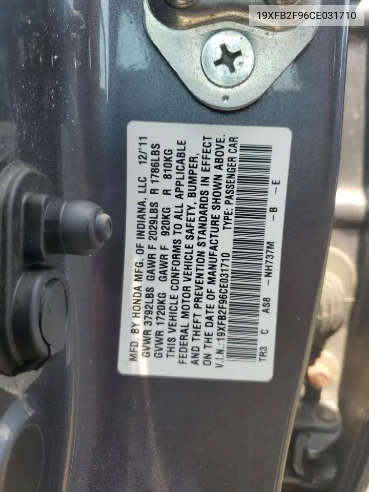 2012 Honda Civic Exl VIN: 19XFB2F96CE031710 Lot: 63762935