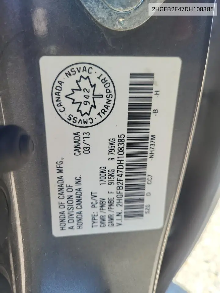 2013 Honda Civic Lx VIN: 2HGFB2F47DH108385 Lot: 55720035