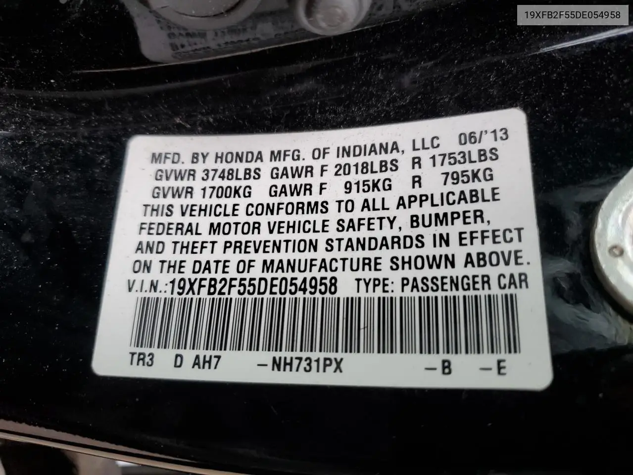 2013 Honda Civic Lx VIN: 19XFB2F55DE054958 Lot: 62707595