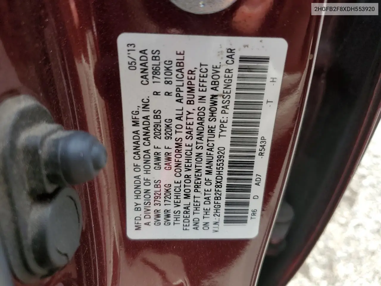 2013 Honda Civic Ex VIN: 2HGFB2F8XDH553920 Lot: 62778505