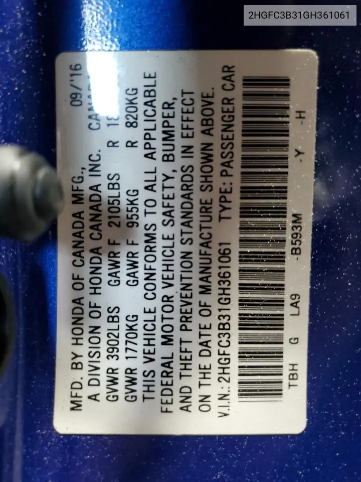 2016 Honda Civic Ex VIN: 2HGFC3B31GH361061 Lot: 56869105