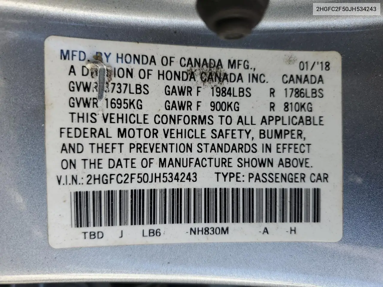 2018 Honda Civic Lx VIN: 2HGFC2F50JH534243 Lot: 53613814