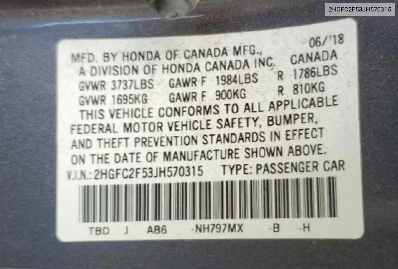 2018 Honda Civic Lx VIN: 2HGFC2F53JH570315 Lot: 58602985