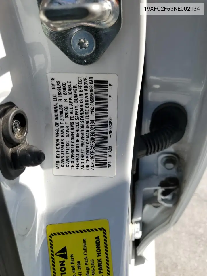 2019 Honda Civic Lx VIN: 19XFC2F63KE002134 Lot: 62021485