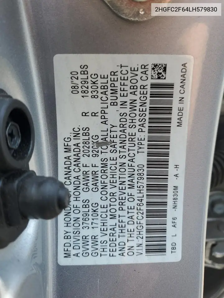 2020 Honda Civic Lx VIN: 2HGFC2F64LH579830 Lot: 62760925