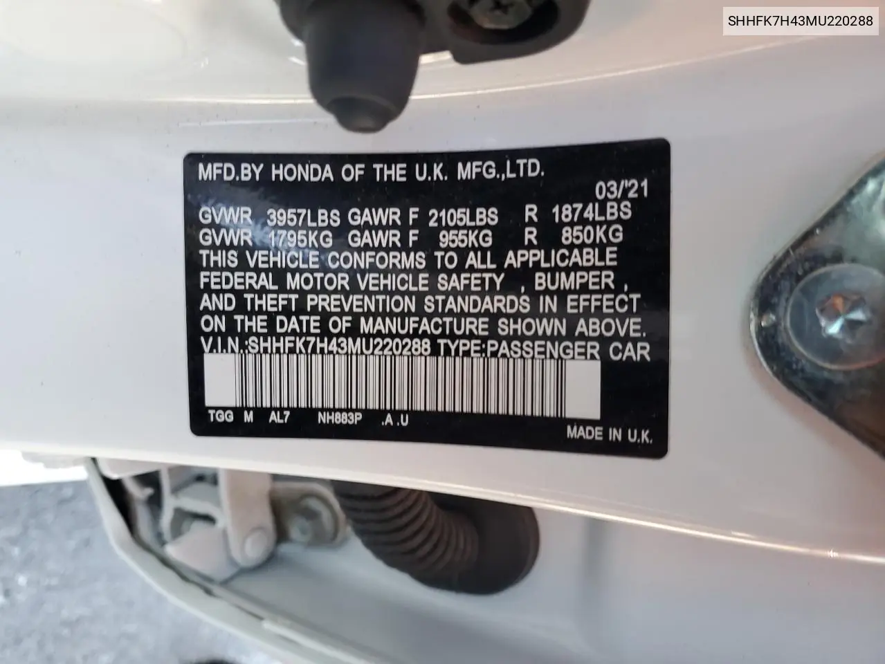 2021 Honda Civic Sport VIN: SHHFK7H43MU220288 Lot: 56731895
