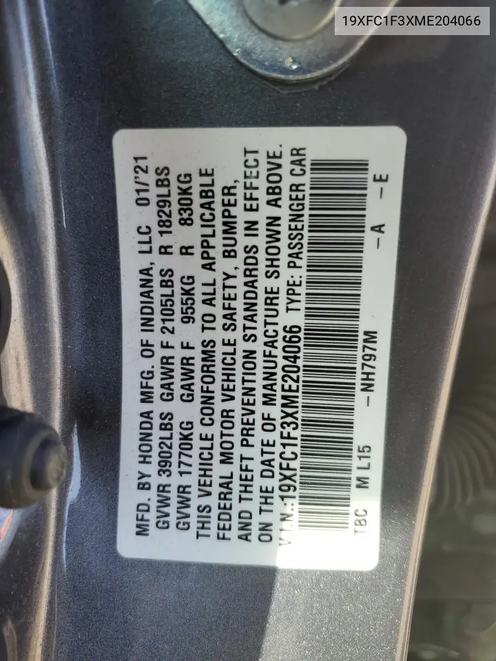 2021 Honda Civic Ex VIN: 19XFC1F3XME204066 Lot: 61880065