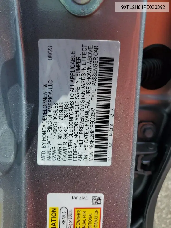 2023 Honda Civic Sport VIN: 19XFL2H81PE023392 Lot: 62915745