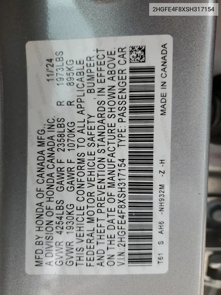 2025 Honda Civic Sport VIN: 2HGFE4F8XSH317154 Lot: 56817685