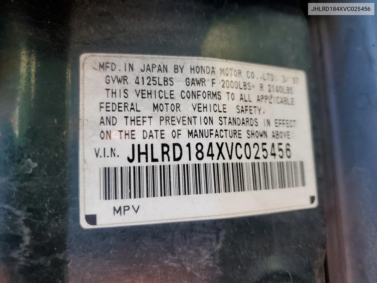 1997 Honda Cr-V Lx VIN: JHLRD184XVC025456 Lot: 56215135