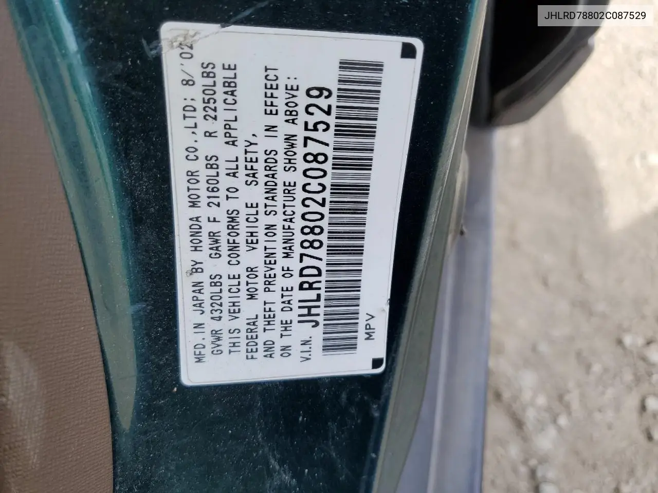 2002 Honda Cr-V Ex VIN: JHLRD78802C087529 Lot: 57188395