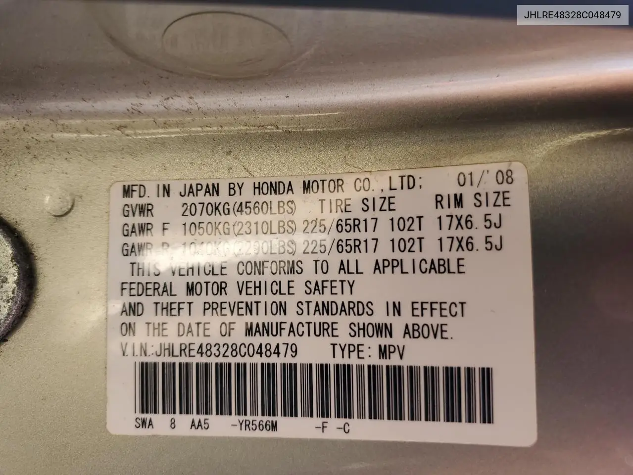 2008 Honda Cr-V Lx VIN: JHLRE48328C048479 Lot: 62964385