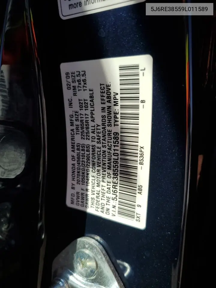 5j6re38559l011589 5J6RE38559L011589 2009 Honda Cr-V Ex