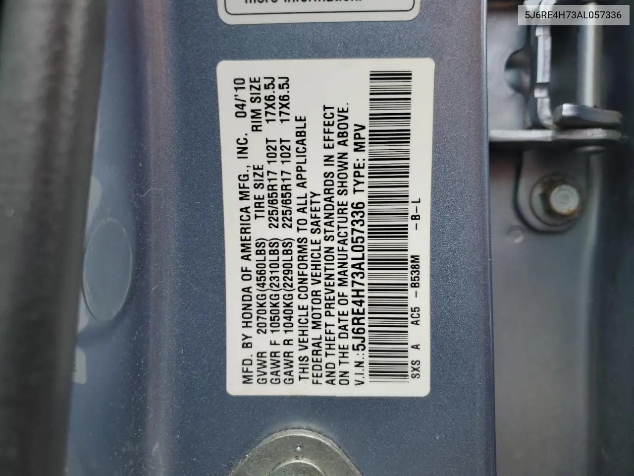 2010 Honda Cr-V Exl VIN: 5J6RE4H73AL057336 Lot: 62715885