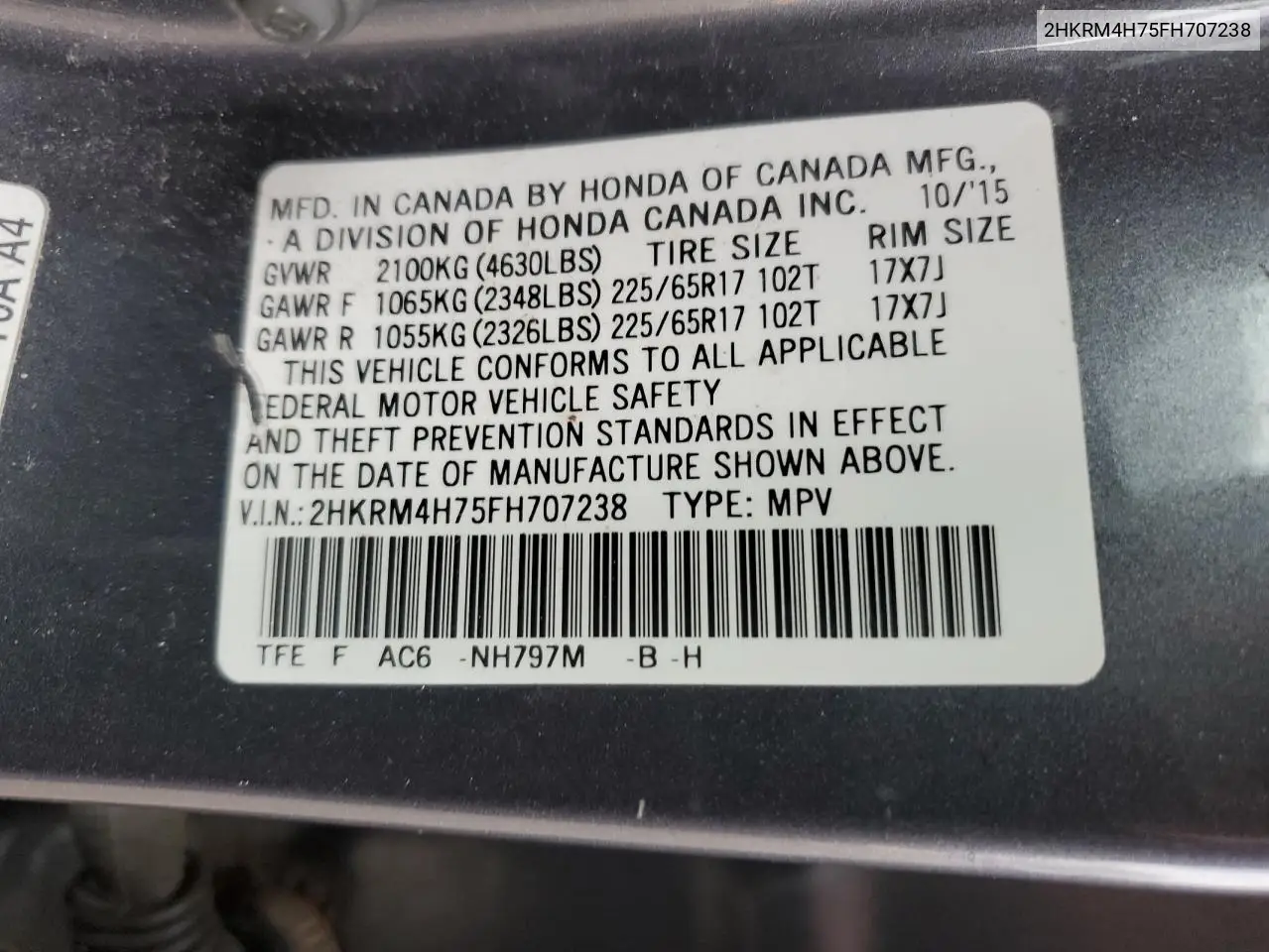 2015 Honda Cr-V Exl VIN: 2HKRM4H75FH707238 Lot: 56323175
