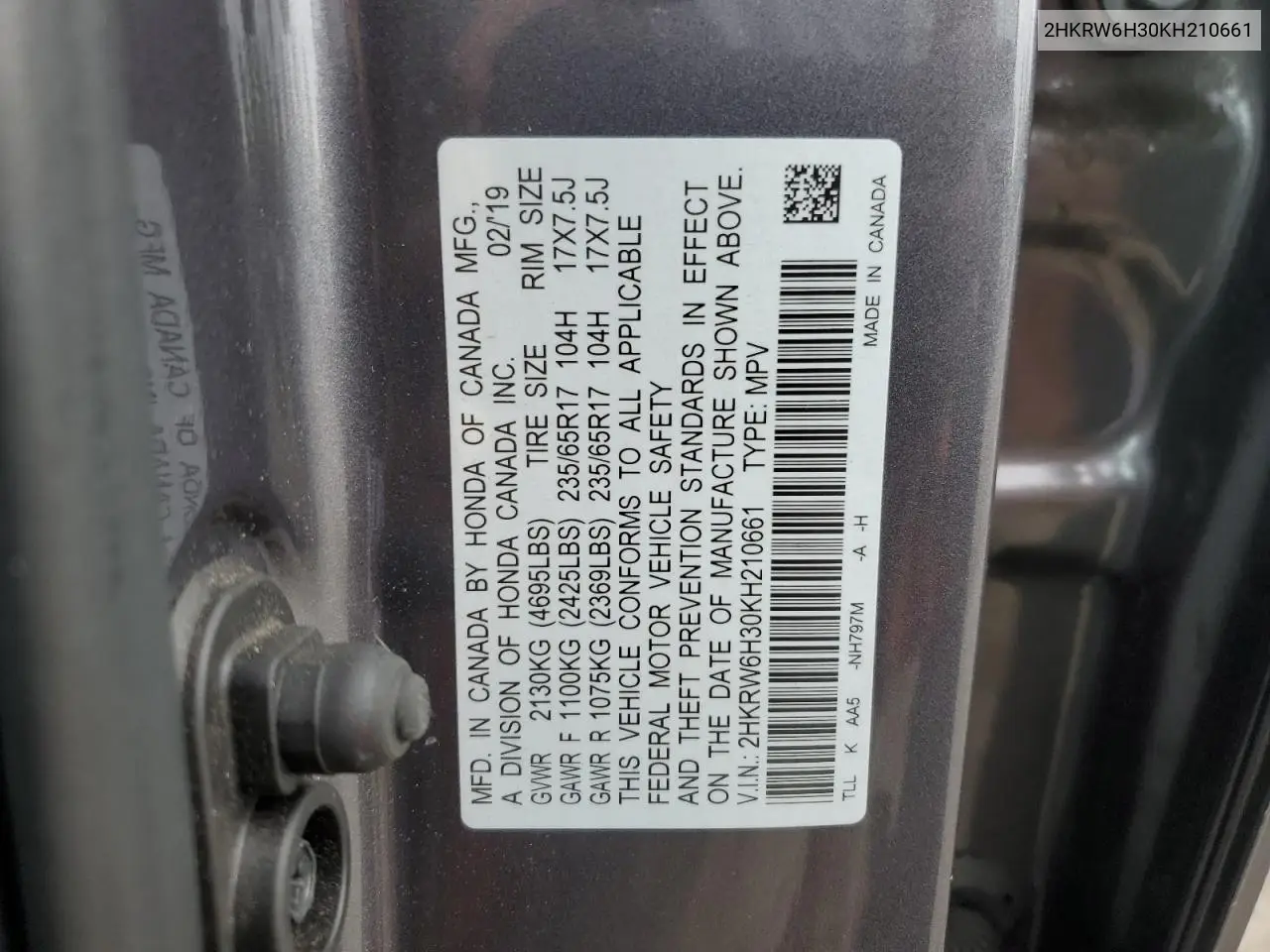 2019 Honda Cr-V Lx VIN: 2HKRW6H30KH210661 Lot: 59158785