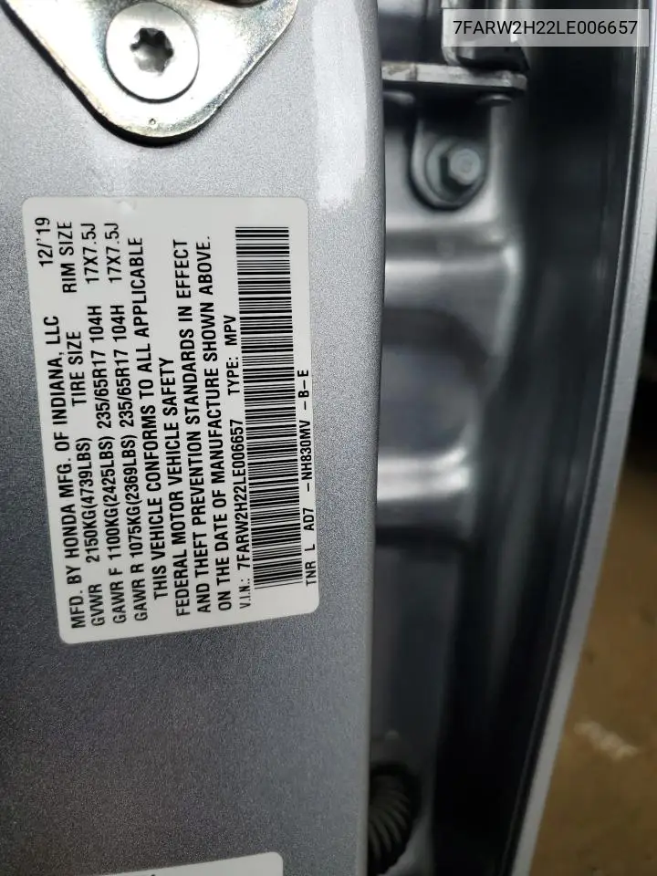 2020 Honda Cr-V Lx VIN: 7FARW2H22LE006657 Lot: 56817375