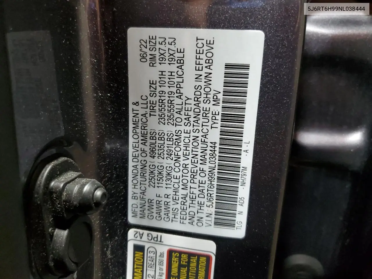 2022 Honda Cr-V Touring VIN: 5J6RT6H99NL038444 Lot: 62691535